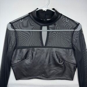 Blanc Black Mesh‎ Long Sleeve Mock Neck Crop Top Womens Sz Large
